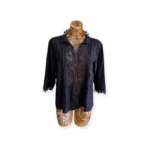 Paposon blouse top medium lace detail long sleeve button front